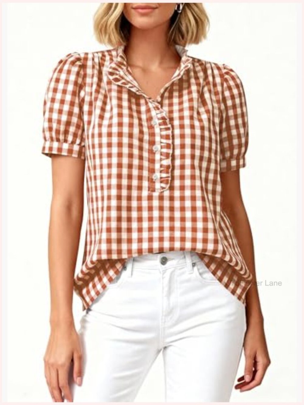 Ruffle V Neck Button Down Puff Sleeve Blouse for Women Summer Work - Picture 6 of 7